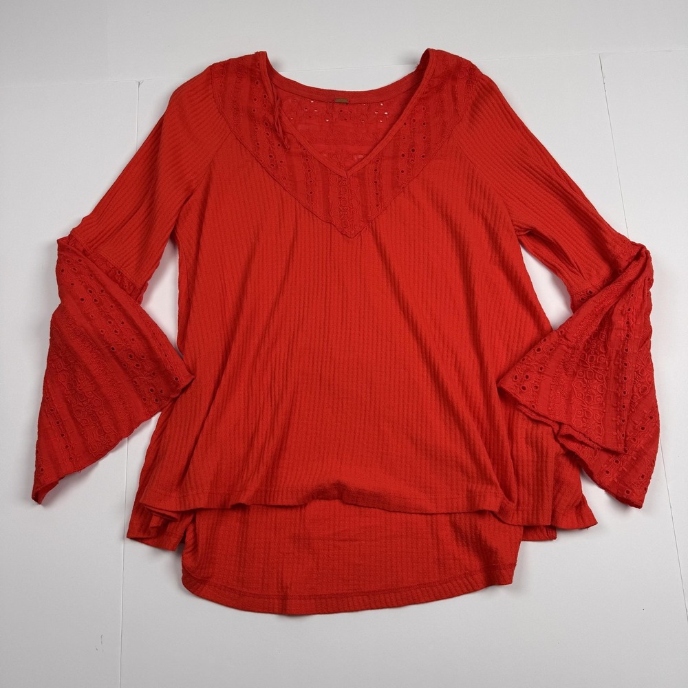 Free People Sweater Womens Medium Red Thermal Lace Bell Sleeve Boho Top
